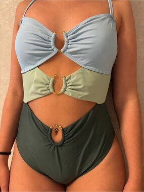 Colorblock Cutout One-Piece Swimsuit in Sky Blue, Sage & Olive